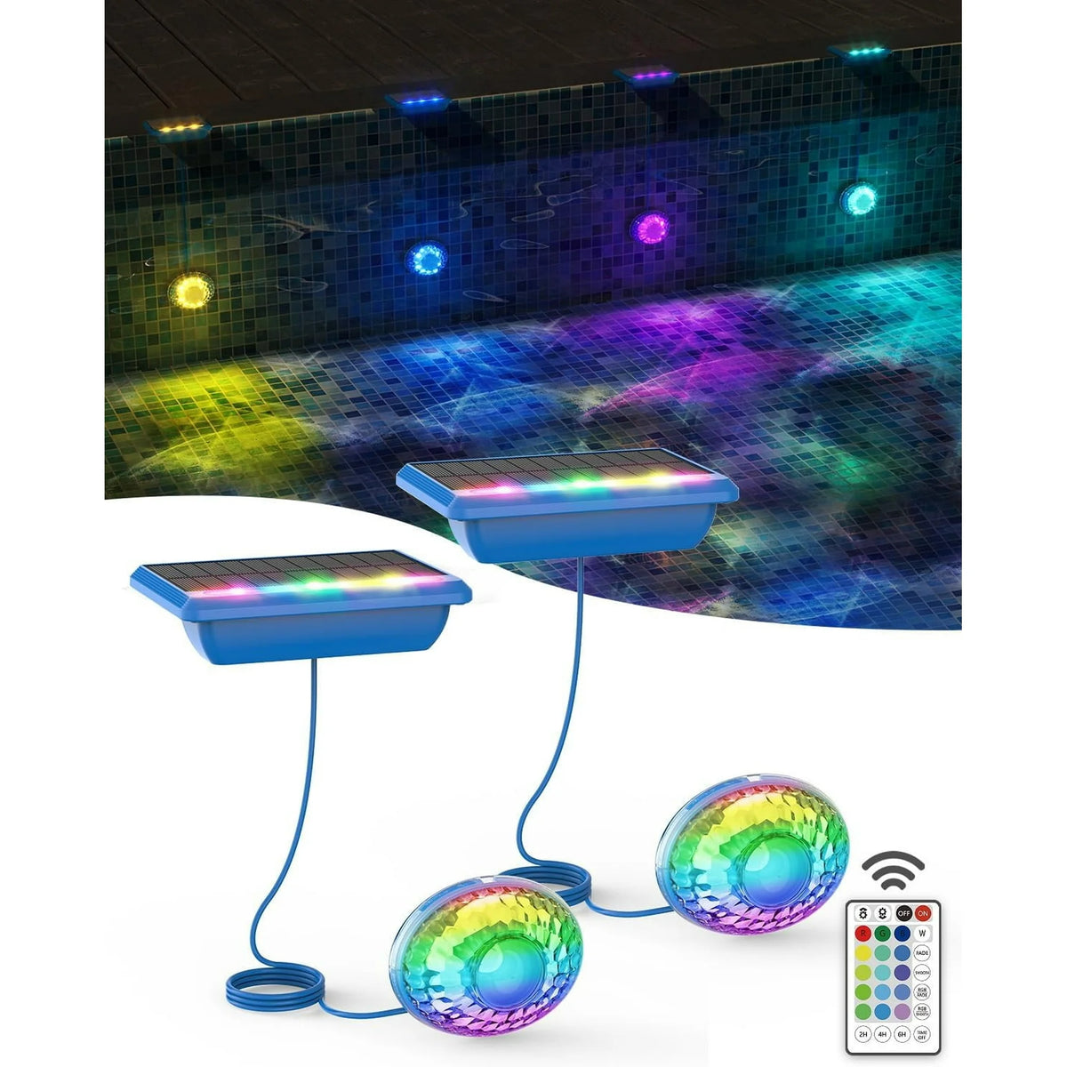 Solar Pool Lights, Solar Powered Submersible LED Lights with Remote IP68 Waterproof Swimming Pool Lights 16 Colors Underwater Pool Lights for Above Ground Inground Pool, Pond (Blue, 2 Pack)