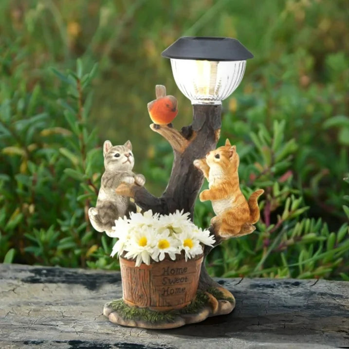 Solar Powered Garden Lantern, Cute Animal Pond Light Dog Solar Statue Warm White Lawn Solar Light LED Decorative Cute Rabbit Figure Ornament with Led Lantern Decorations (Cat)