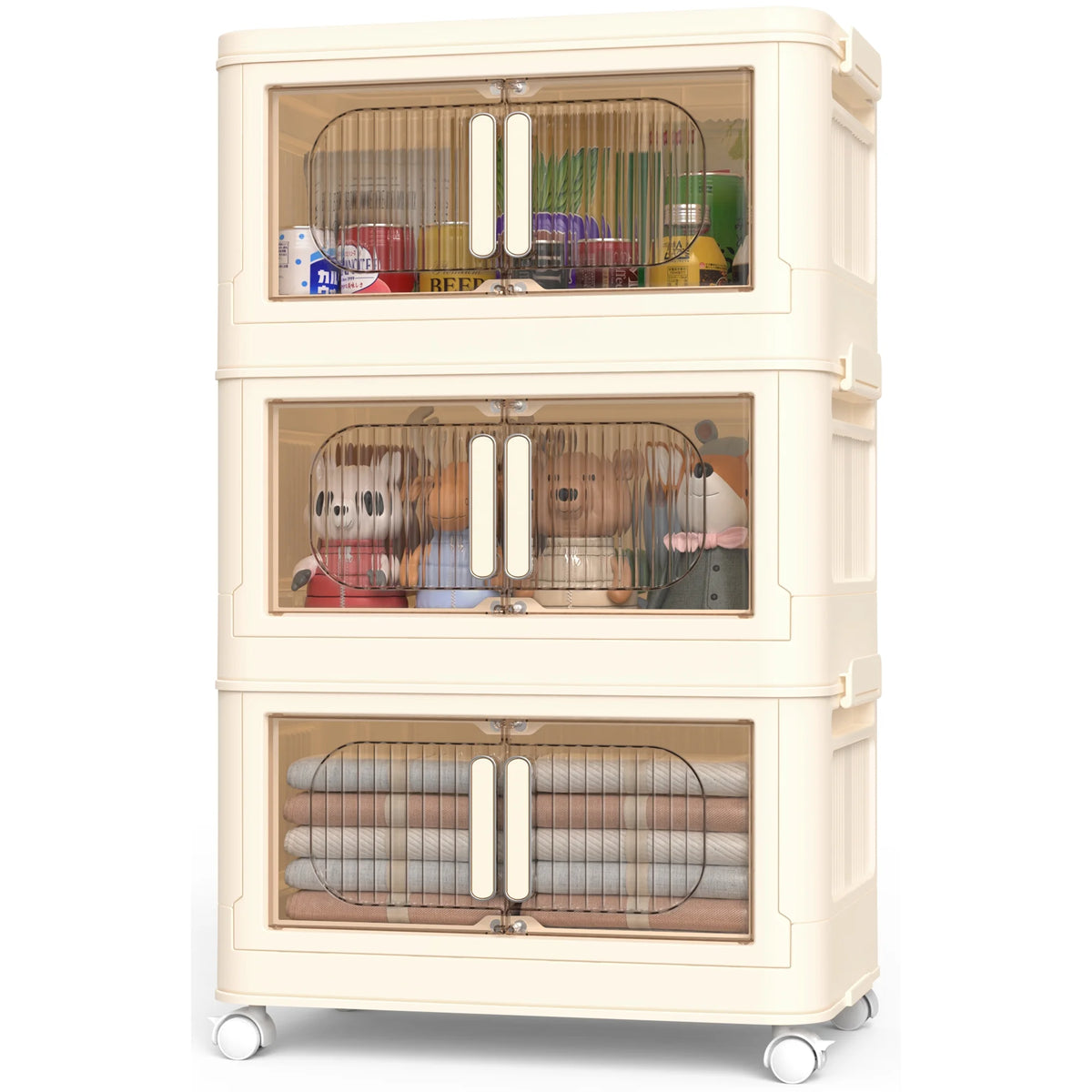 TNTANTS 3 Tiers Stackable Storage Bins with Lids and Wheels, Magnetic Dual Open Collapsible Storage Container, 80QT Folding Storage Box Bins for Closet Organizers, Home and Office, Beige