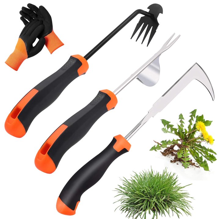 Fixdono Weed Puller Tool with Gloves, Weeder Hand Tool for Garden, Weeding Tool with 4 Claws, Weeder Garden Root Remover Tool for Garden, Gap or Corner Weeding, 3 Pack