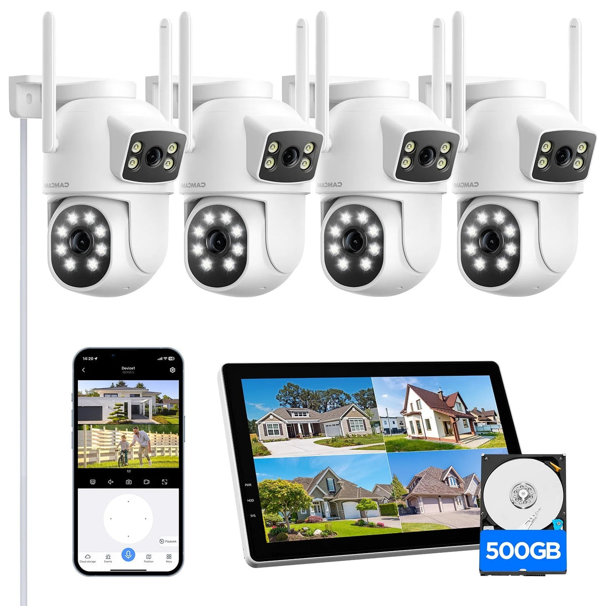 Toguard SC49 10CH Wired Security Camera System Outdoor with 500G Hard Drive, 2K 10.1" LCD NVR Monitor, 4pcs 2K/2MP+2PM PTZ Dual Lens Linkage Security Surveillance Cameras, Wireless WiFi Sigal