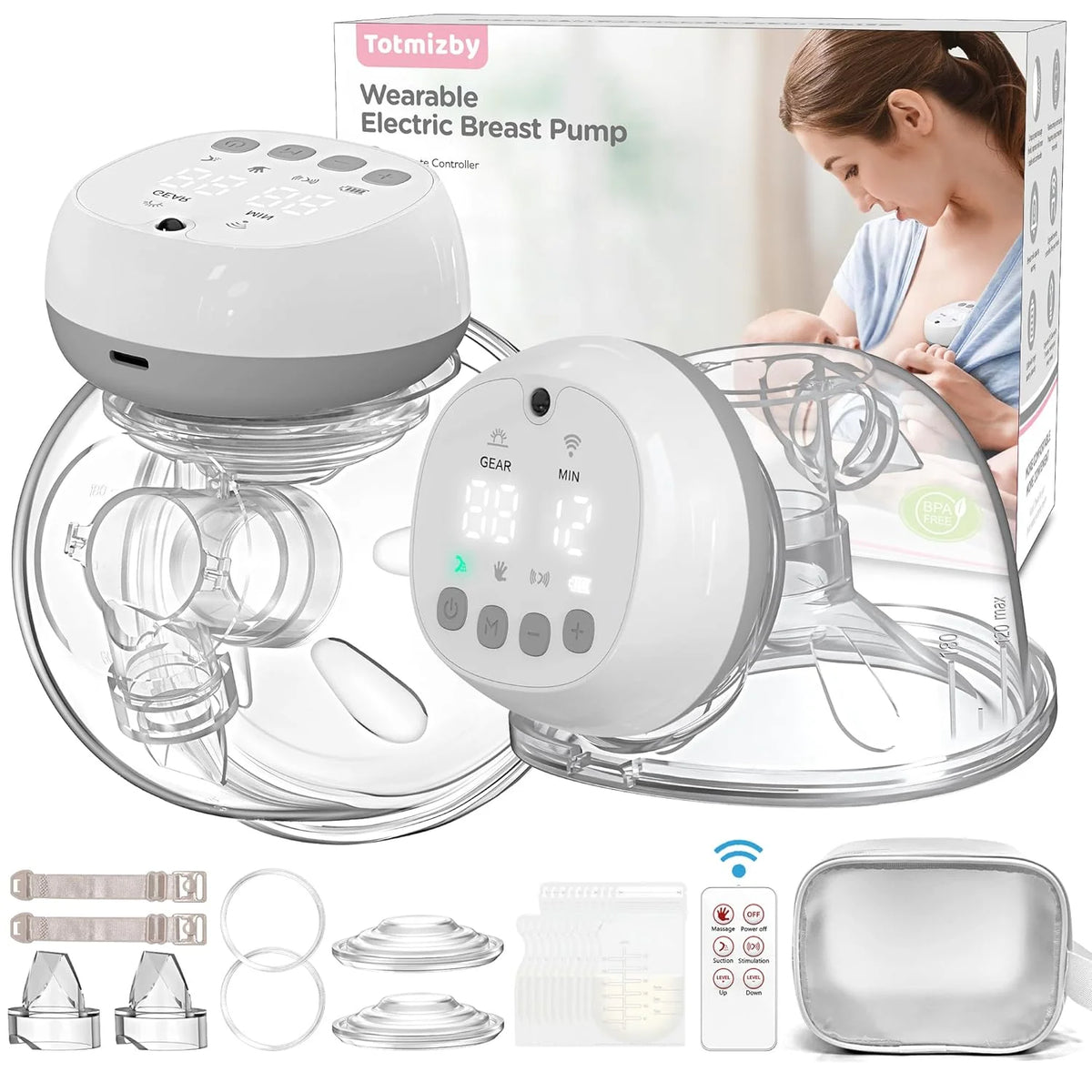Totmizby Hands Free Electric Breast Pump,Wearable Breast Pump 12 Levels 3 Modes with Remote Control,140°Soft Silicone,LCD,1200mAh Battery,Low Noise Leak-Proof Painless Breastfeeding,2 Pack(Gray)