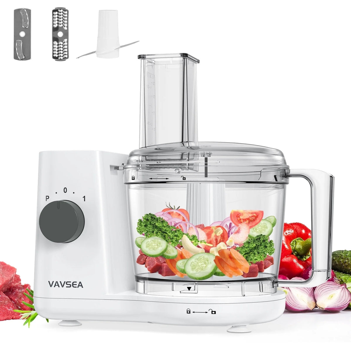 VAVSEA 6 Cup Food Processor and Vegetable Chopper for Dicing, Chopping, Mincing, BPA Free, Stainless Steel Blades, White