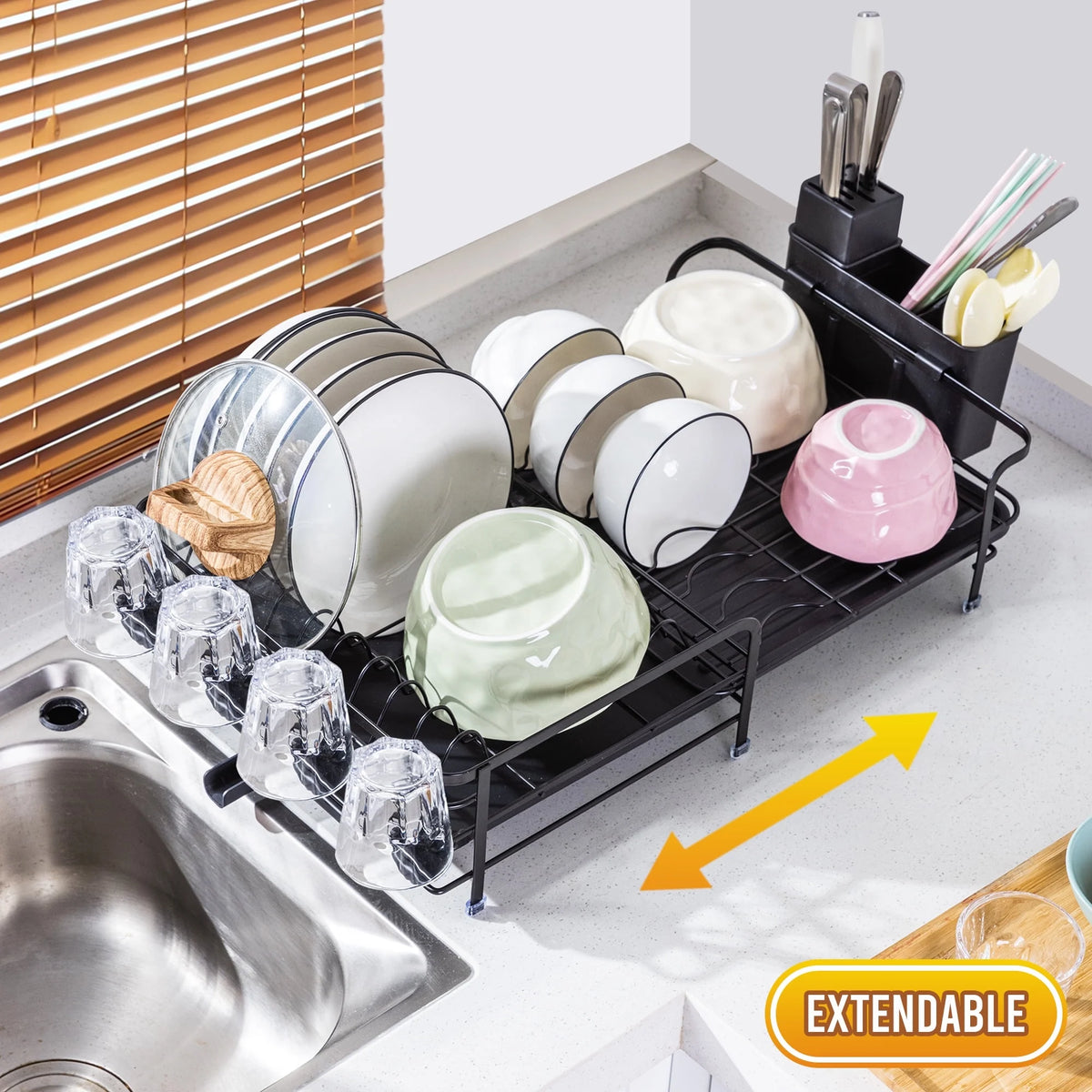 VUSIGN Extendable Dish Rack, Multifunctional Dish Rack for Kitchen Counter, Anti-Rust Drying Dish Rack with Cutlery & Cup Holders