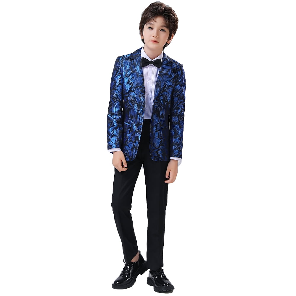 Wehilion Boy's suits Fashion Gentleman 4pcs Suit Set , Feather Pattern Coat, Formal Wear For Speech Performance Birthday Party, Kid's Clothes For Spring Fall Winter