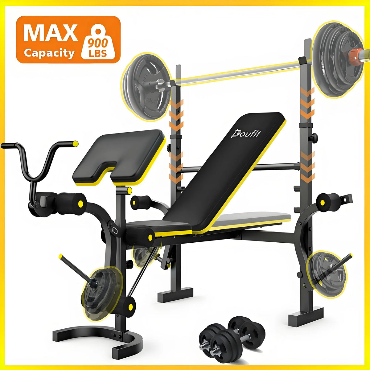 Weight Bench,Doufit 6-In-1 900lbs Workout Bench Press with Squat Rack Leg Developer Preacher Curl Butterfly Arms,Gym Exercise Equipment for Full Body Home Gym