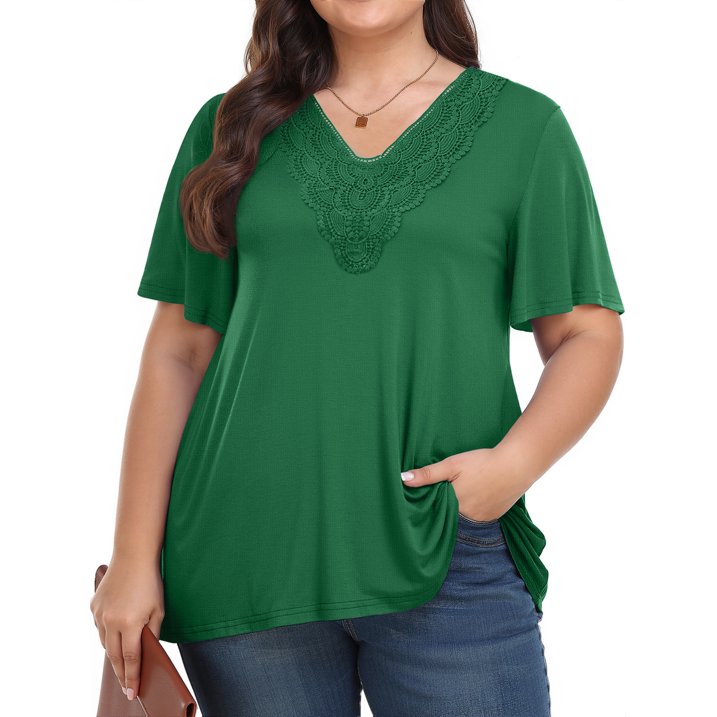 WellSize Women Plus Size Tops Dressy Lace V Neck Shirts Casaul Short Sleeve Tunic Blouses
