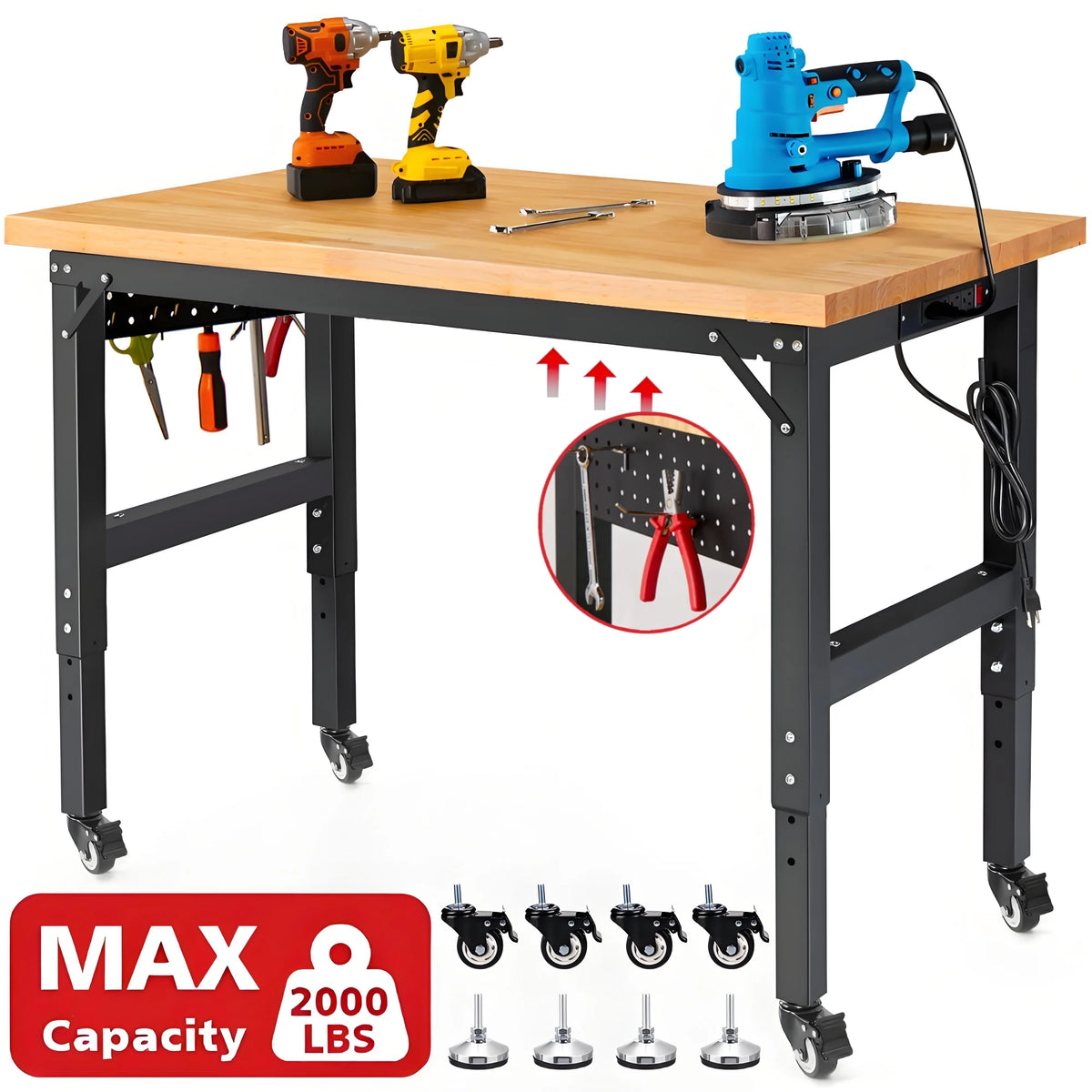 Workbench for Garage,ENJOYWOOD Rolling Heavy Duty 48 inch Wood Work Bench with 4 Wheels,Rubber Wood Tabletop 2000 LBS Load Bearing Workstation Garage Desk Table Work Table