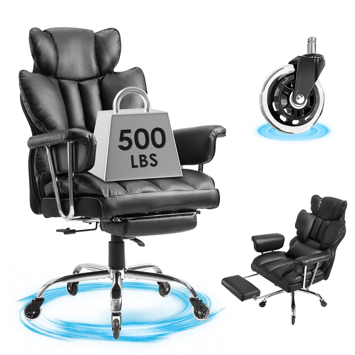 Big and Tall Office Chair,High Back with Telescoping Footrest and Wide Seat Cushion（ Black)
