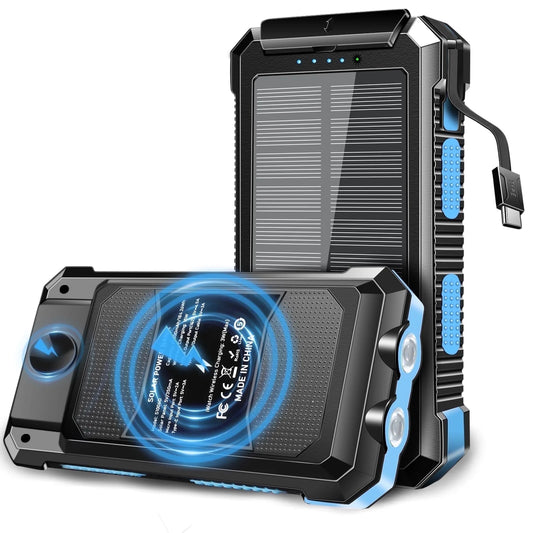 Yelomin 49800mAh Solar Power Bank Portable Charger with Wireless Charger for Apple Watch,iPhone,Fast Charging Travel Battery Pack with Camping Flashlight,Compatible with All Mobile Phones（Blue)