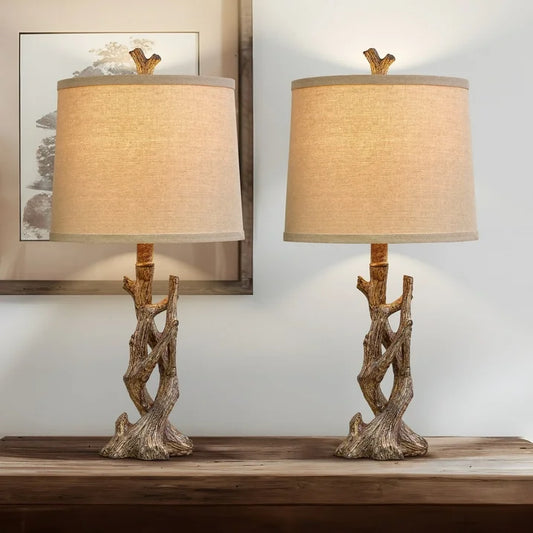 Yokila 23" Wood Grain Rustic Table Lamp Set of 2 for Living Room Bedroom Farmhouse Tree Trunk Bedside Nightstand Lamps with Lamp Shade