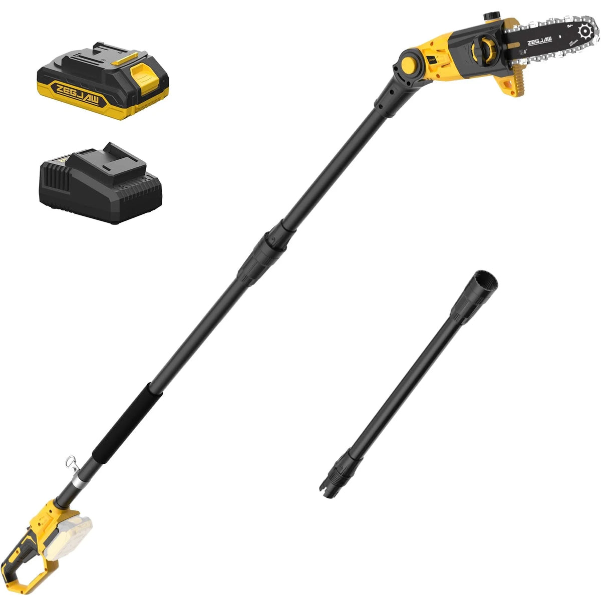 ZEGJAW Pole Saw, 8-Inch Pole Saw for Tree Trimming Cordless 15-FT Max Reach, Auto Oiling, Tool-Less Electric Pole Saw, Tree Trimmer with Battery & Fast Charger