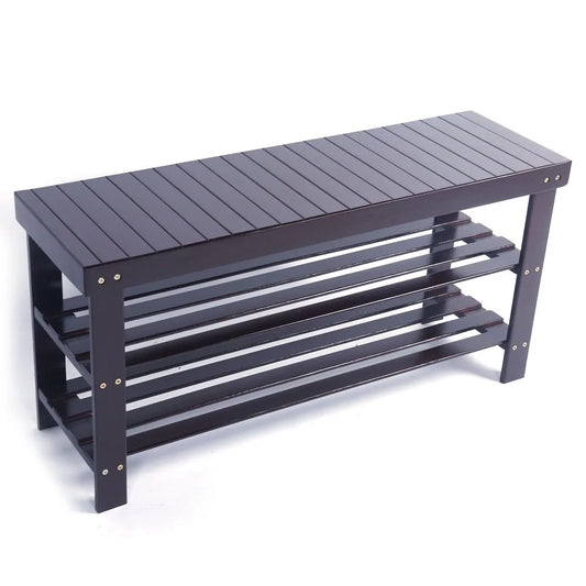 Zimtown 36" 3 Tier Solid Bamboo Shoe Bench Storage Racks Seat Organizer for Entryway Hallway Kids, Coffee