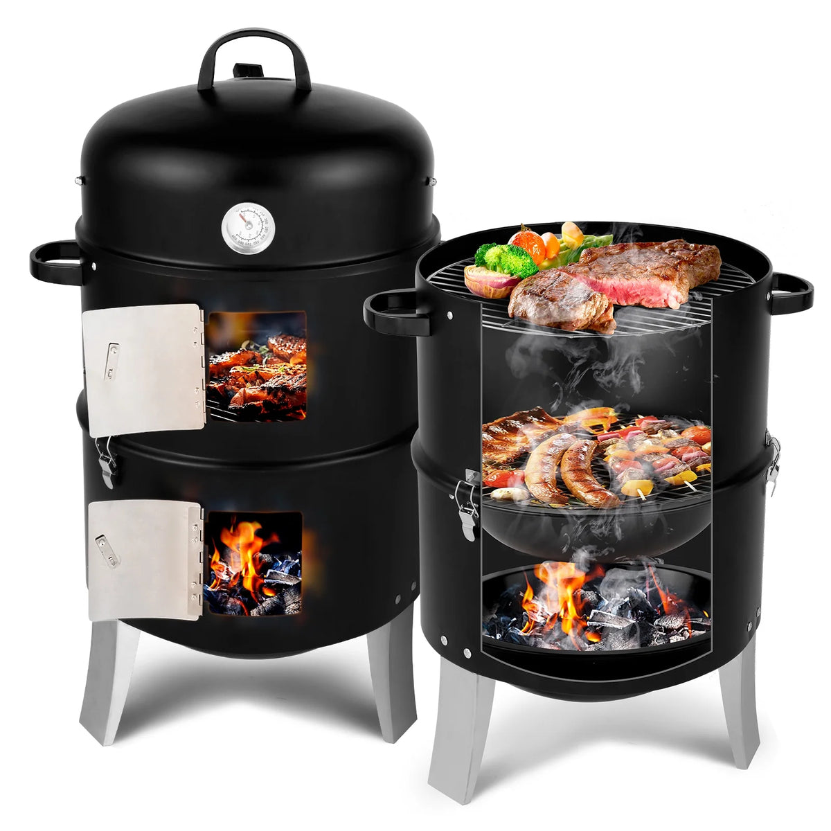 Zintown BBQ Charcoal Grill Outdoor Barbecue Pit Smoker with 3 IN 1 BBQ Grill for Patio Backyard