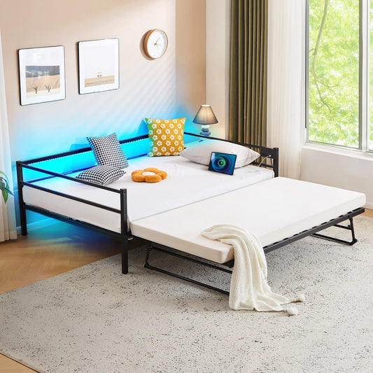 Zimtown Daybed with Trundle Included, Twin Size Metal Daybed Frame with Pull out Trundle Bed, No Box Spring Needed,Black