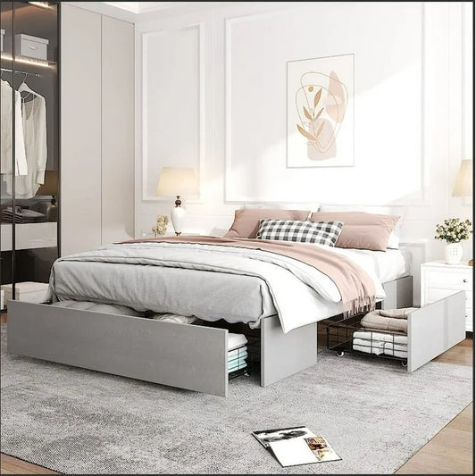 Zimtown Full Size Platform Bed Frame with 3 Storage Drawers, Fabric Upholstered, Teen, Adult, Grey