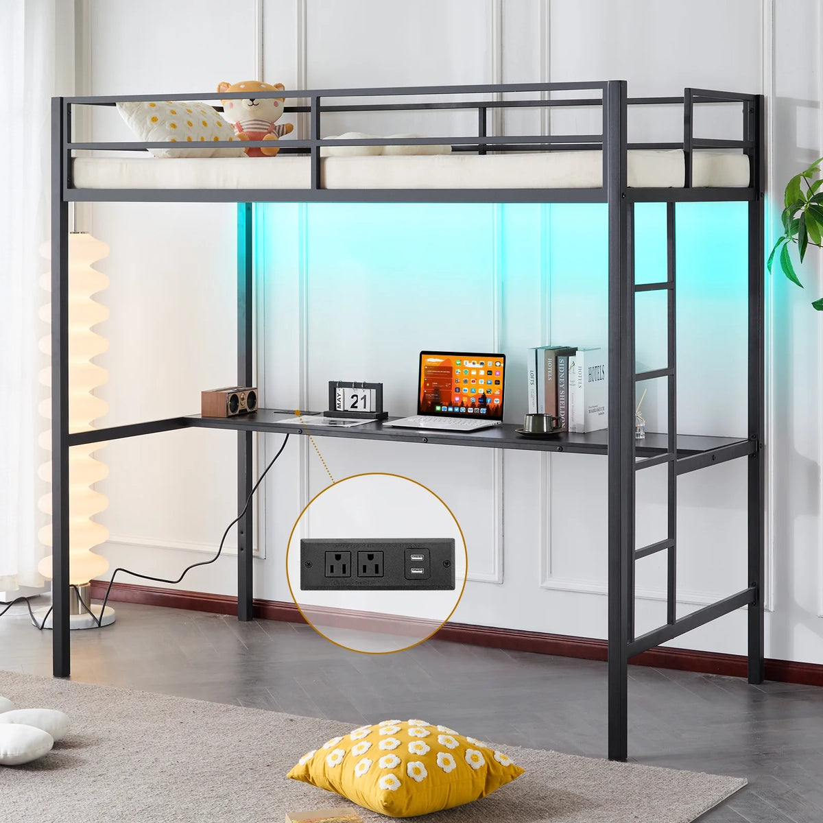 Twin Metal Loft Bed Frame with LED Lights&Charging Station&Desk,Bunk Bed For Kids, Adult, No Box Spring Needed,Black