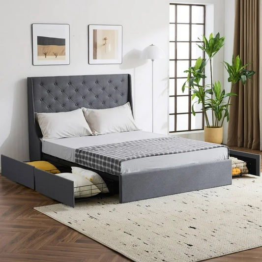 Zimtown Upholstered Full Platform Bed Frame w/ 4 Drawers, No Box Spring Needed, Gray