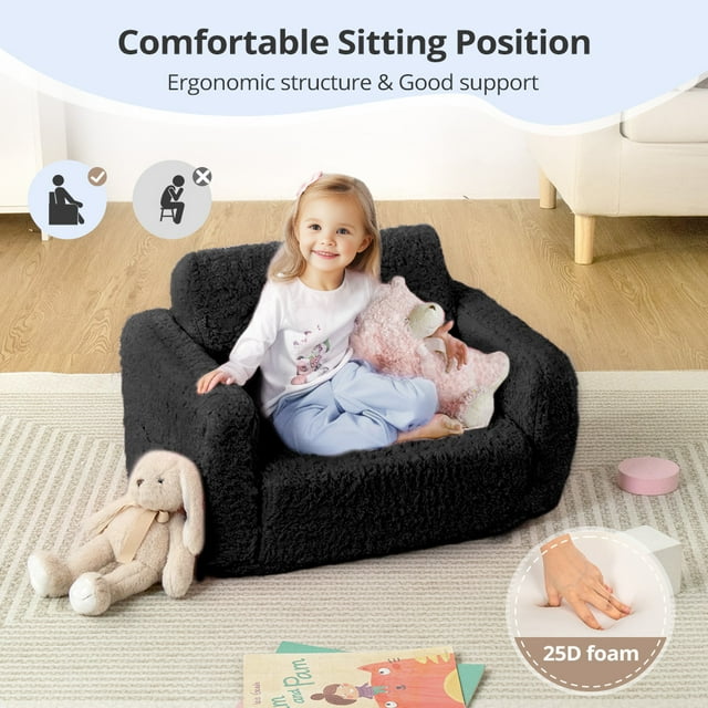 Kids Couch, 2 In 1 Foldable Toddler Couch ,Convertible Baby Sofa Chair for Boys and Girls, Black