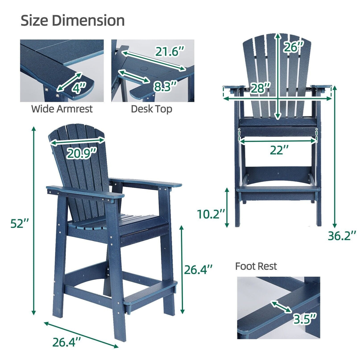 Farini Tall Adirondack Chairs Set of 2 with Connecting Table, Blue