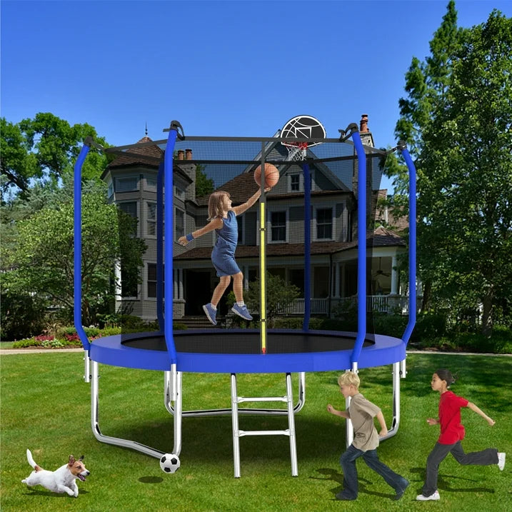 SHINPT 8FT Outdoor Trampoline with Safety Enclosure Net, Recreational Trampoline with Basketball Hoop, Ideal for Children, Park, Kindergarten, Backyard, ASTM Approval