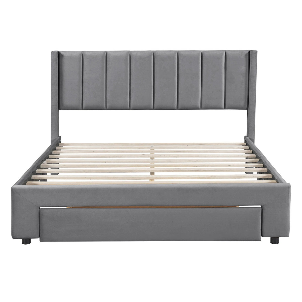 SYNGAR Queen Size Bed Frame, Modern Upholstered Velvet Platform Bed Frame with Headboard and Drawer, Strong Support Legs and Wood Slats, No Box Spring Needed, Easy Assembly, Gray