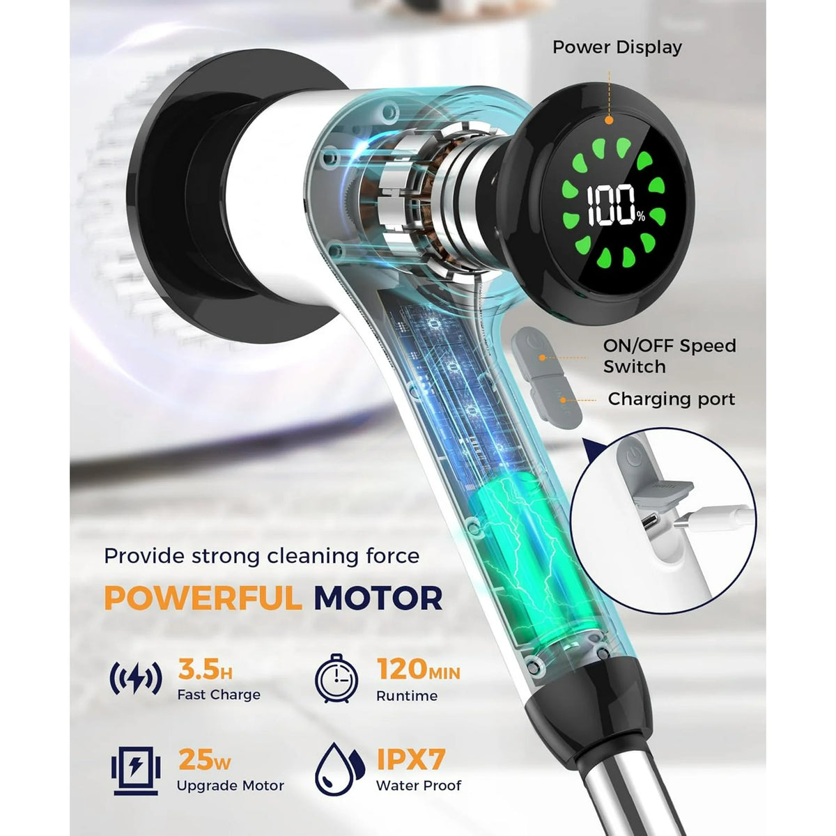 Electric Spin Scrubber, Cordless Cleaning Brush, Bathroom Shower Scrubber with 7 Replaceable Brush Heads, 2 Adjustable Speeds, Extension Handle, IPX7 Waterproof for Tub Tile Floor Car-3