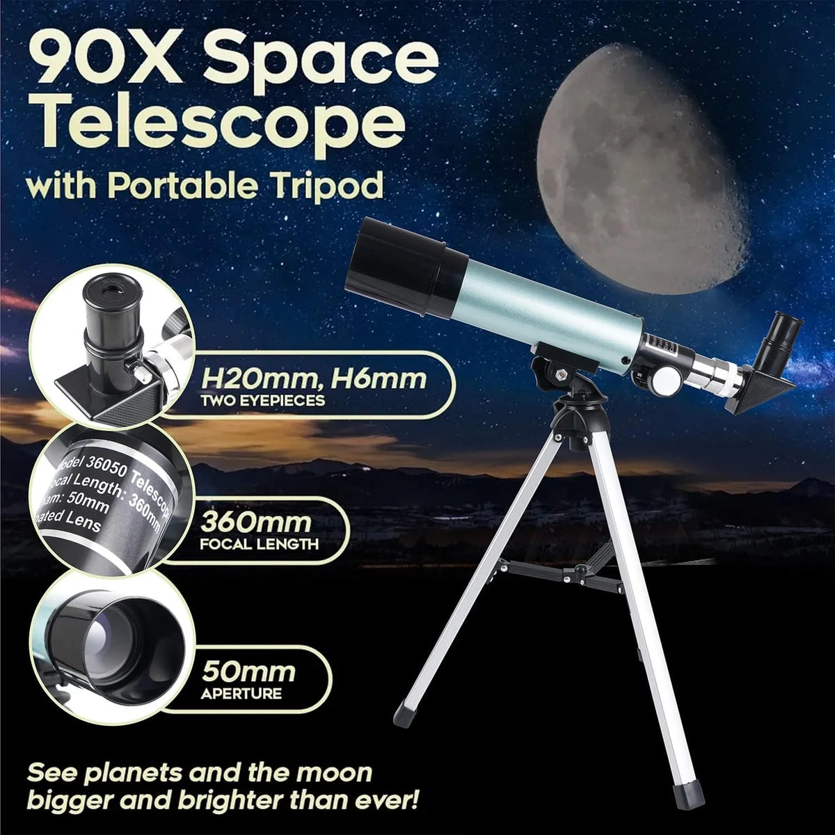 BSHAPPLUS Telescope,50/360mm Refractor Telescope,18X-90X Magnification Telescopes with Tripod,Portable Astronomy Telescope for Kids,Adults,Beginners