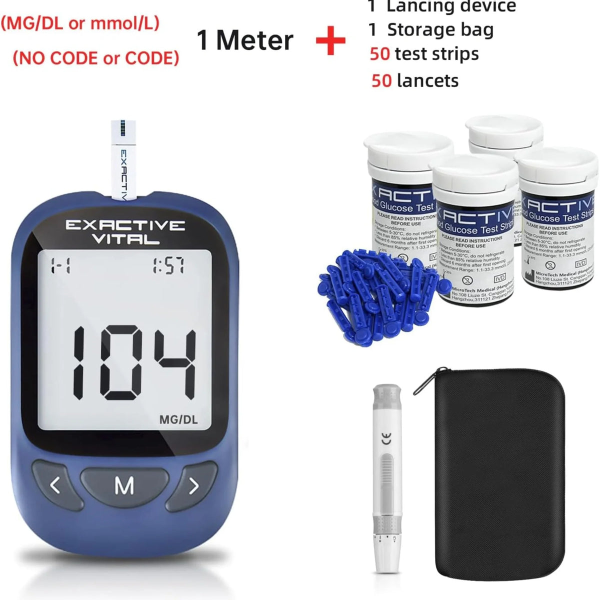 SUWU Blood Glucose Monitor Kit, Blood Glucose Meter Glucometer Kit ,50 Glucometer Strips, 50 Lancets, Lancing Device, Carrying Case