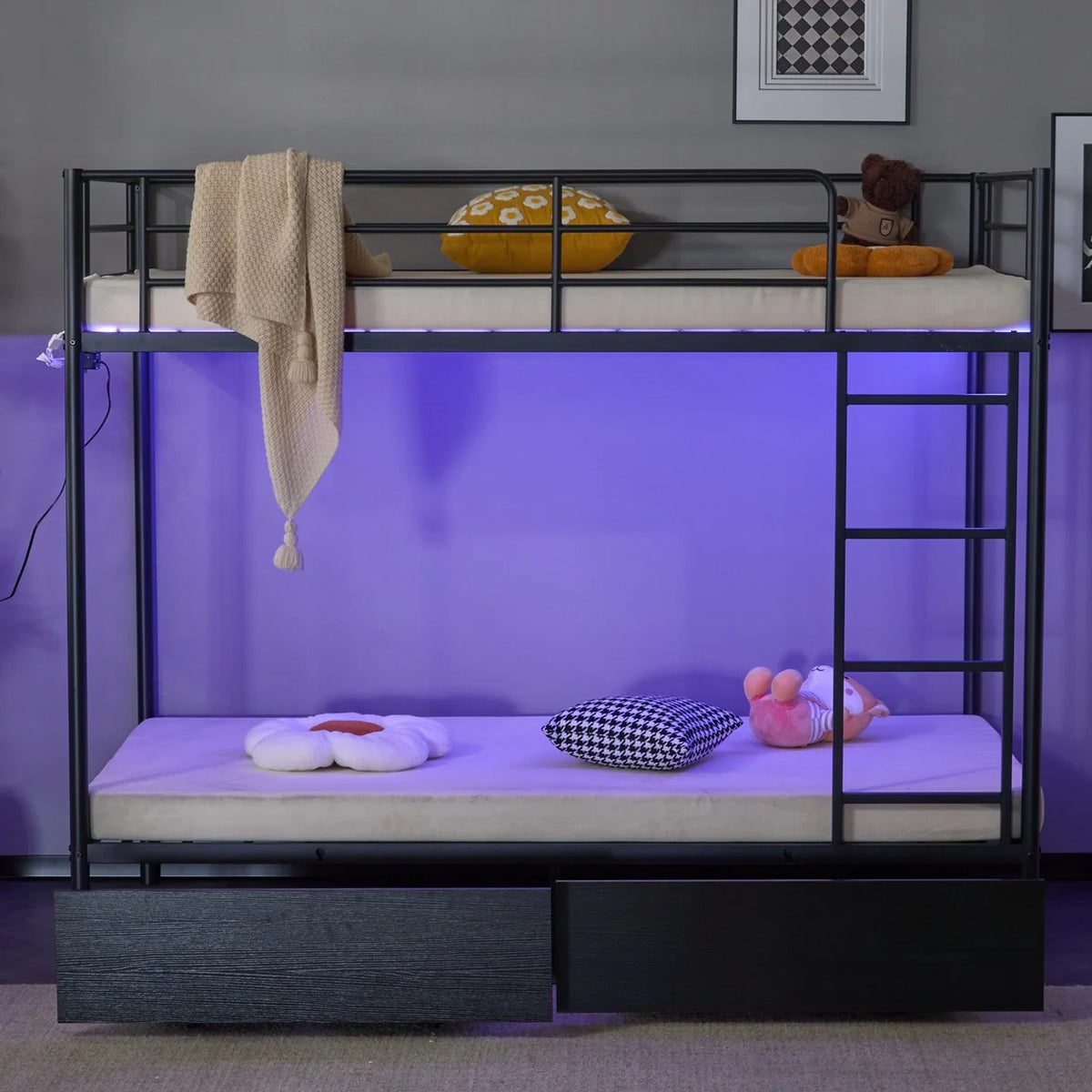 Zimtown Metal Twin-over-Twin Bunk Bed with 2 Drawers and Charging Station, Black