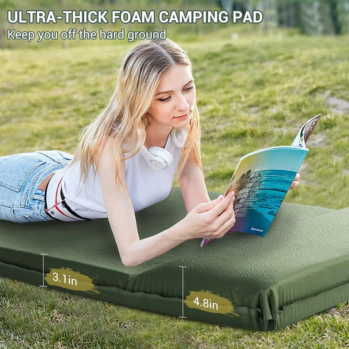Aship Self Inflating Sleeping Pad, 26D Hi-Tech Memory Foam, 3.1" Ultra-Thick, 20-Second Inflation Sleeping Pad with Pillow, Insulated All Seasons Camping Mattress for Camping, Car, Tent