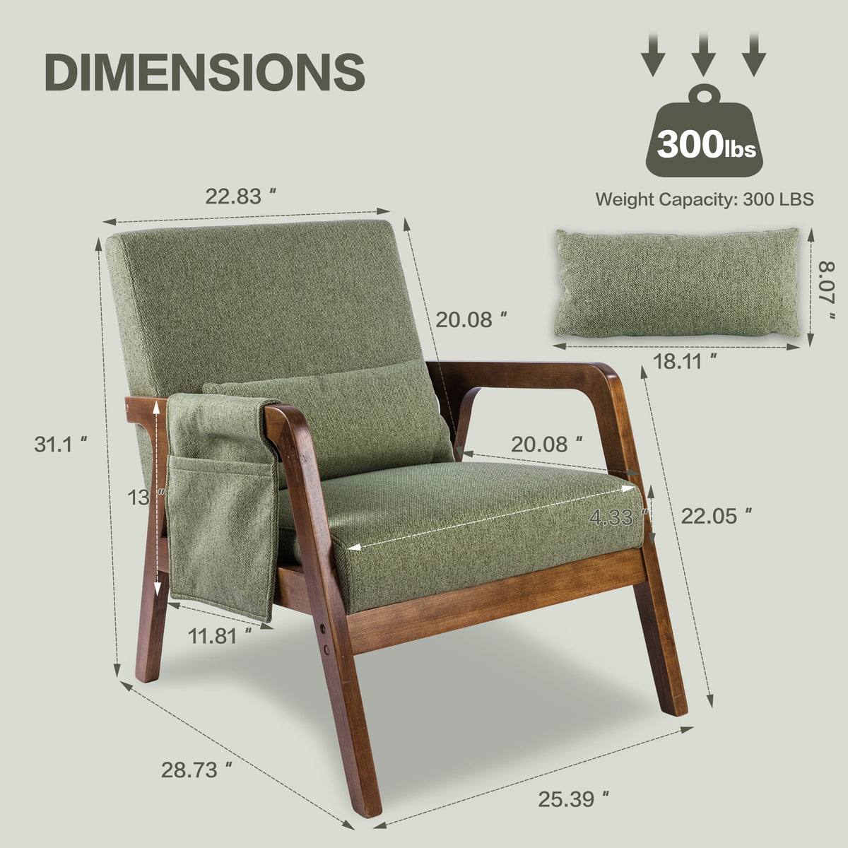 spanspace Mid-Century Modern Accent Chair with Wooden Frame, Upholstered Fabric Armchair for Living Room, Bedroom and Office, Green