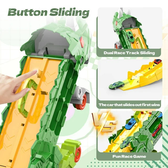 JoyStone Dinosaur Transport Truck Toy with 8 Metal Cars, 3-in-1 Dino Hauler with Sliding Race Tracks, Transforms into Triceratops, Gift for Kids Ages 3-7, Green