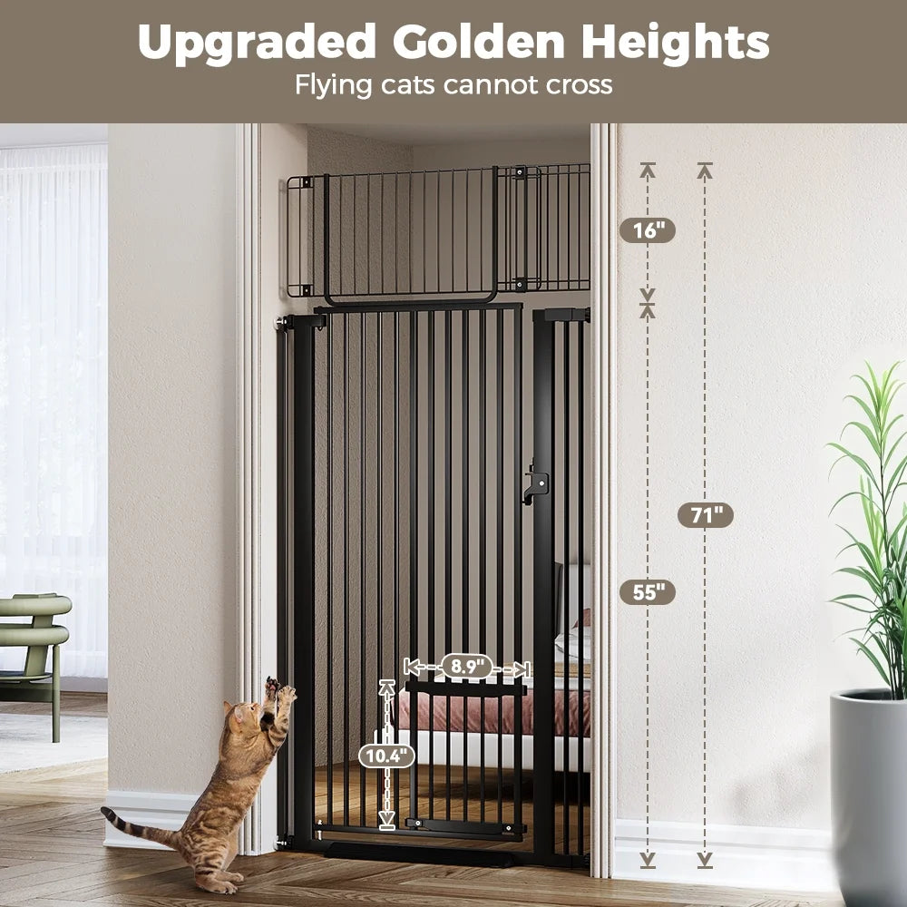 Pet Gate With Cat Door,71 inch Extra Tall Dog Gate,29.5 40.6 Wide Gate Pressure Mounted Full Door Pet Gate for Doorway Stairs,Black