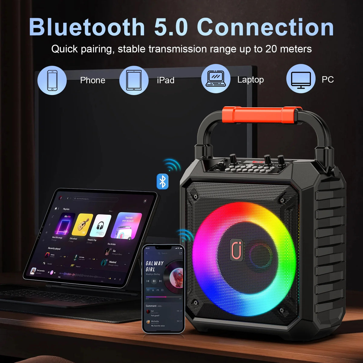 FanFun Karaoke Machine for Adult, Portable Bluetooth Karaoke Speaker with 2 Microphones & RGB Lights for Home Party