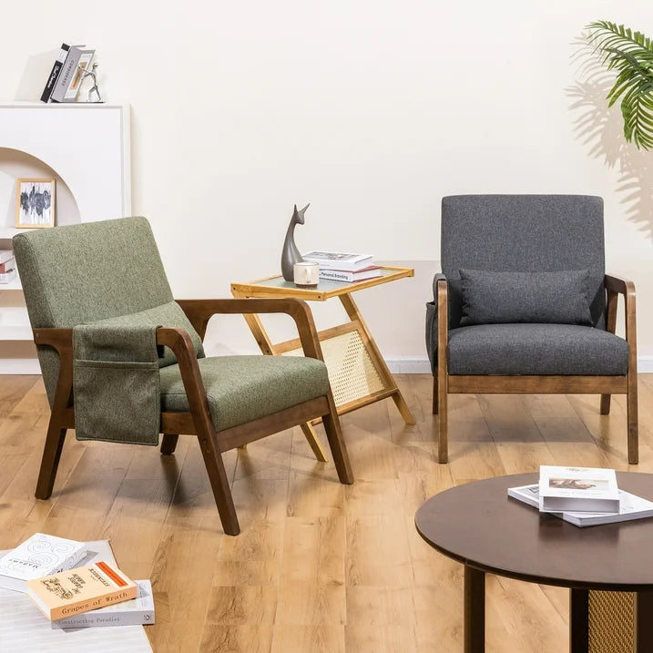 spanspace Mid-Century Modern Accent Chair with Wooden Frame, Upholstered Fabric Armchair for Living Room, Bedroom and Office, Green