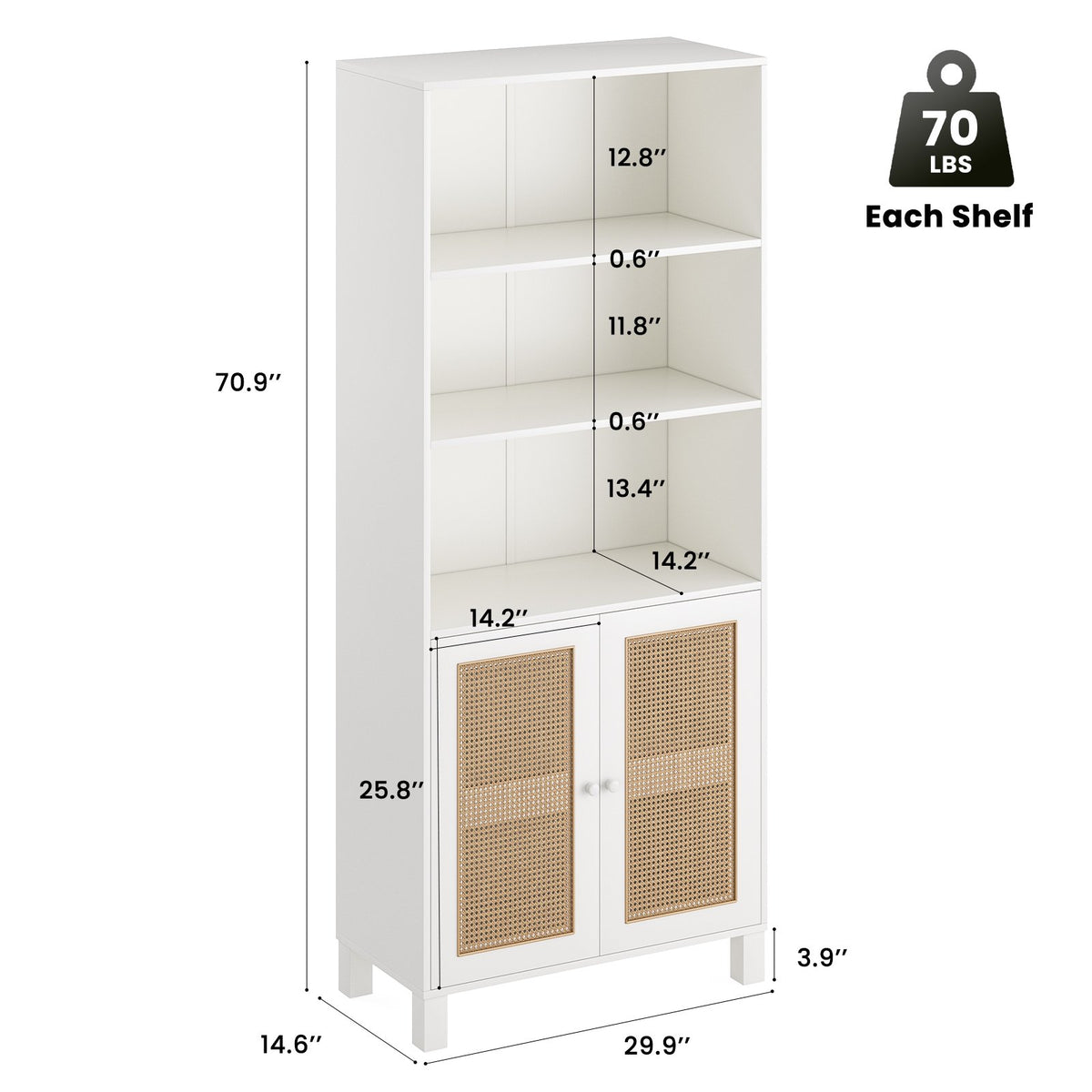 Farini Tall 5 Tier Bookcase, Storage Shelf with Rattan Doors for Living Room, Office, Library, White