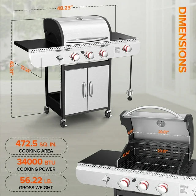 LHRIVER 3 Burner Propane Gas Grill with Side Burner, Stainless Steel 34,000 BTU Patio Garden Barbecue Grill