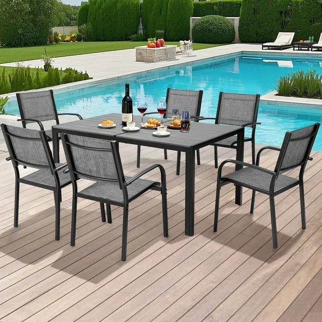 Seizeen 7-Piece Outdoor Table and Chairs, Patio Table Set with 6 Textilene Chairs, All-weather Outdoor Patio Dining Sets Rectangular Metal Table with Plastic Wood Top, Gray