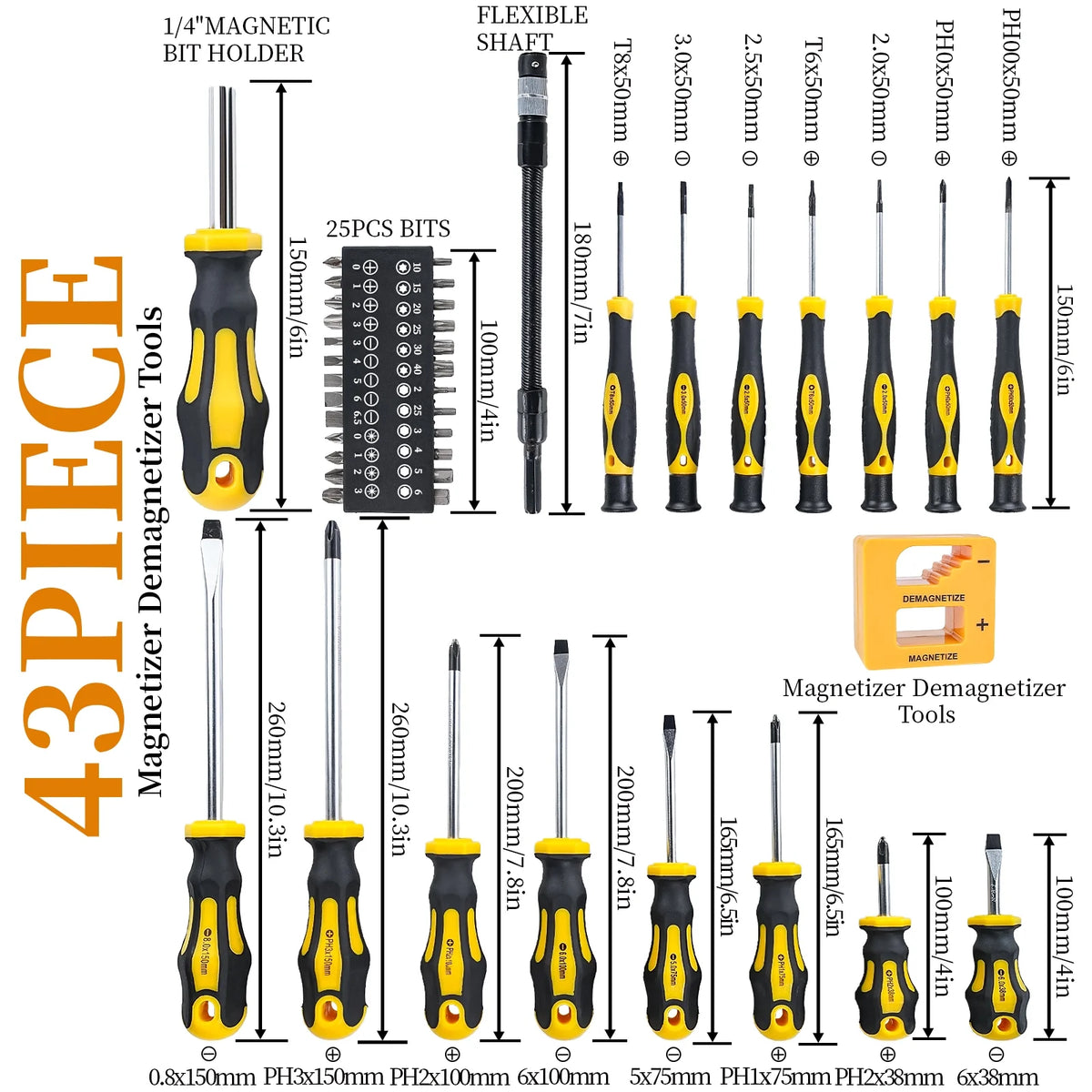 Goobetter 43pcs Magnetic Screwdriver Set - With Magnetic Adjustment Tool + Bendable Extension + 25 Bits | Phillips/Flathead Precision Screwdriver Set for Precision Repair, Electronics and Home DIY