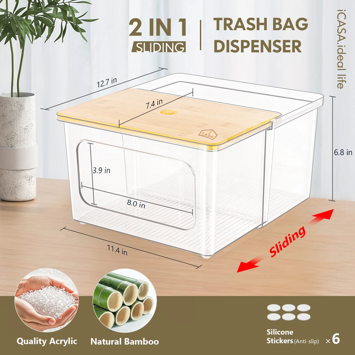 iCASA Garbage Bag Container 2 in 1 With Bamboo Lid for Laundry Room Organization, Under Sink, Kitchen, Cabinet, Home Decor, Extra Large Stackable Acrylic Bag Storage Box