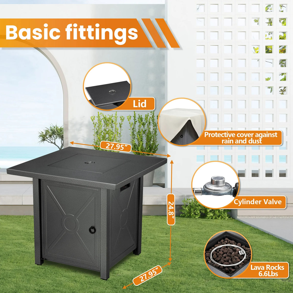 LHRIVER 28in Square Outdoor Fire Pit -Propane Metal Stove with Lava Rocks , 50000 BTU Heat Output, for Picnics/Bonfires/Patio Gardens