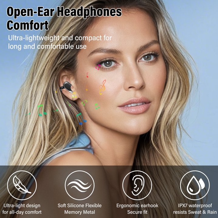 True Open Ear Headphones, OWS Hanging Earphones Wireless Earbuds with Earhooks and Mic, 36H Playtime, Wireless Earbuds Lightweight Design Fit Cycling, Running, Workout