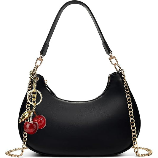 Black Shoulder Bag for Women Cute Hobo Cherry Purse Retro Clutch Underarm Handbag with Removable Straps Wy23-a