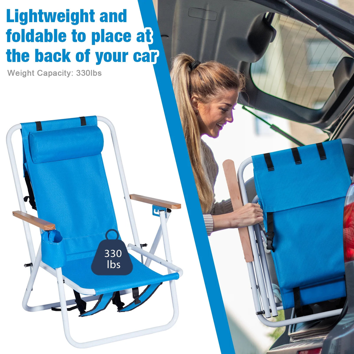Zimtown Portable Beach Chair Folding Recliner Lounge Solid Camping Blue