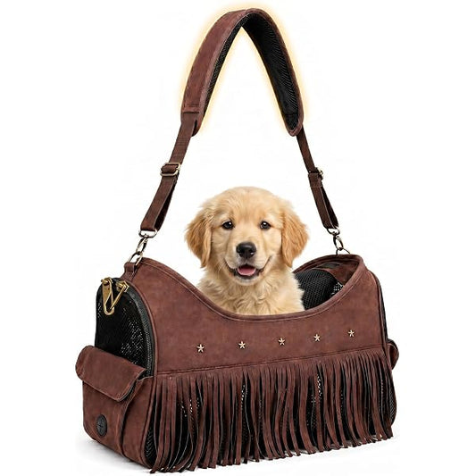 Vintage Pet Carrier Purse for Small Dogs and Cats, Cat Carrier Bag with Upgraded Zipper and Adjustable Shoulder Strap, Breathable Puppy Carrier Handbag for Travel, Walking, Daily Outings (Brow)