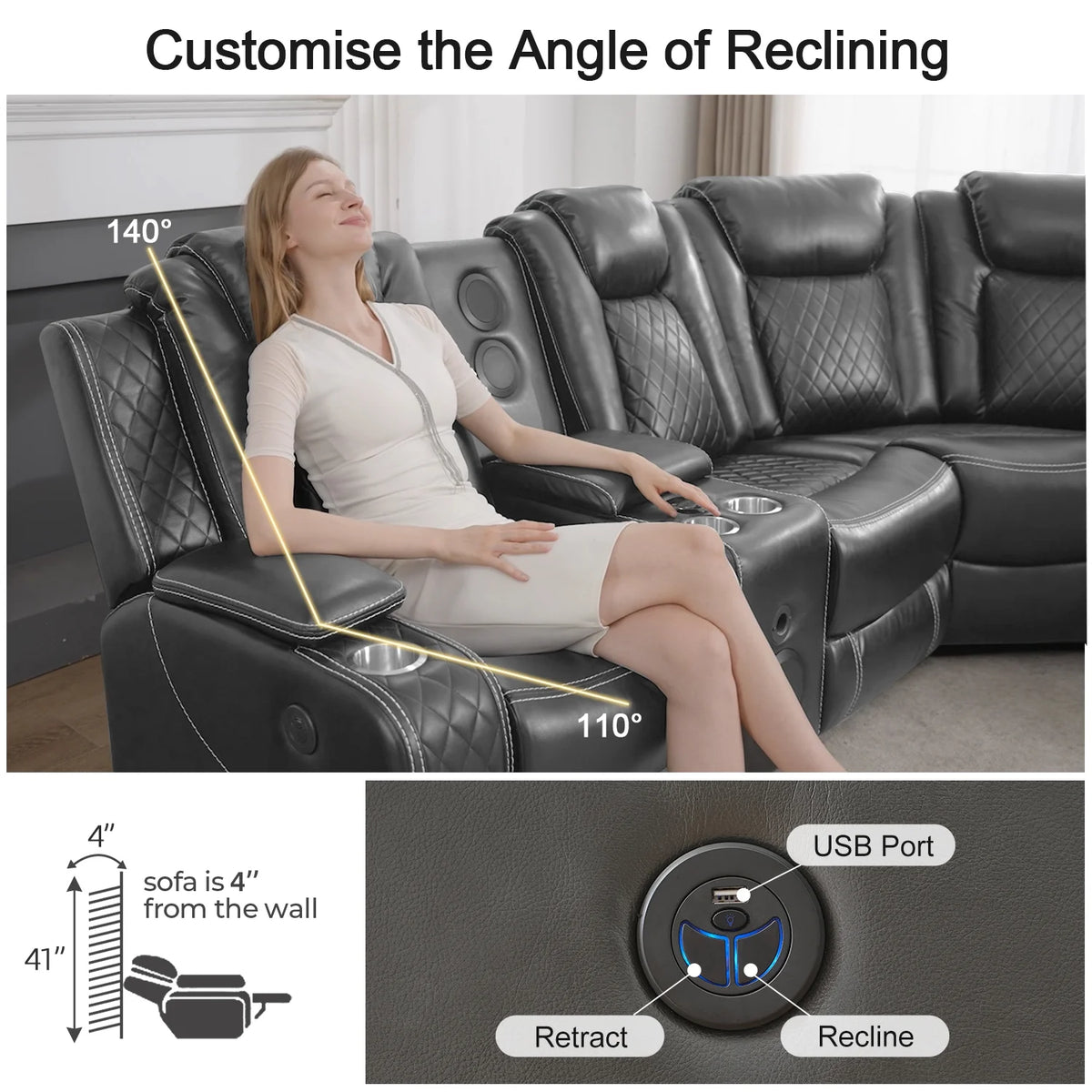 Othniel Power Reclining Sectional Couch with Bass Speaker,Wireless Charger,LED/Reading Light Gray