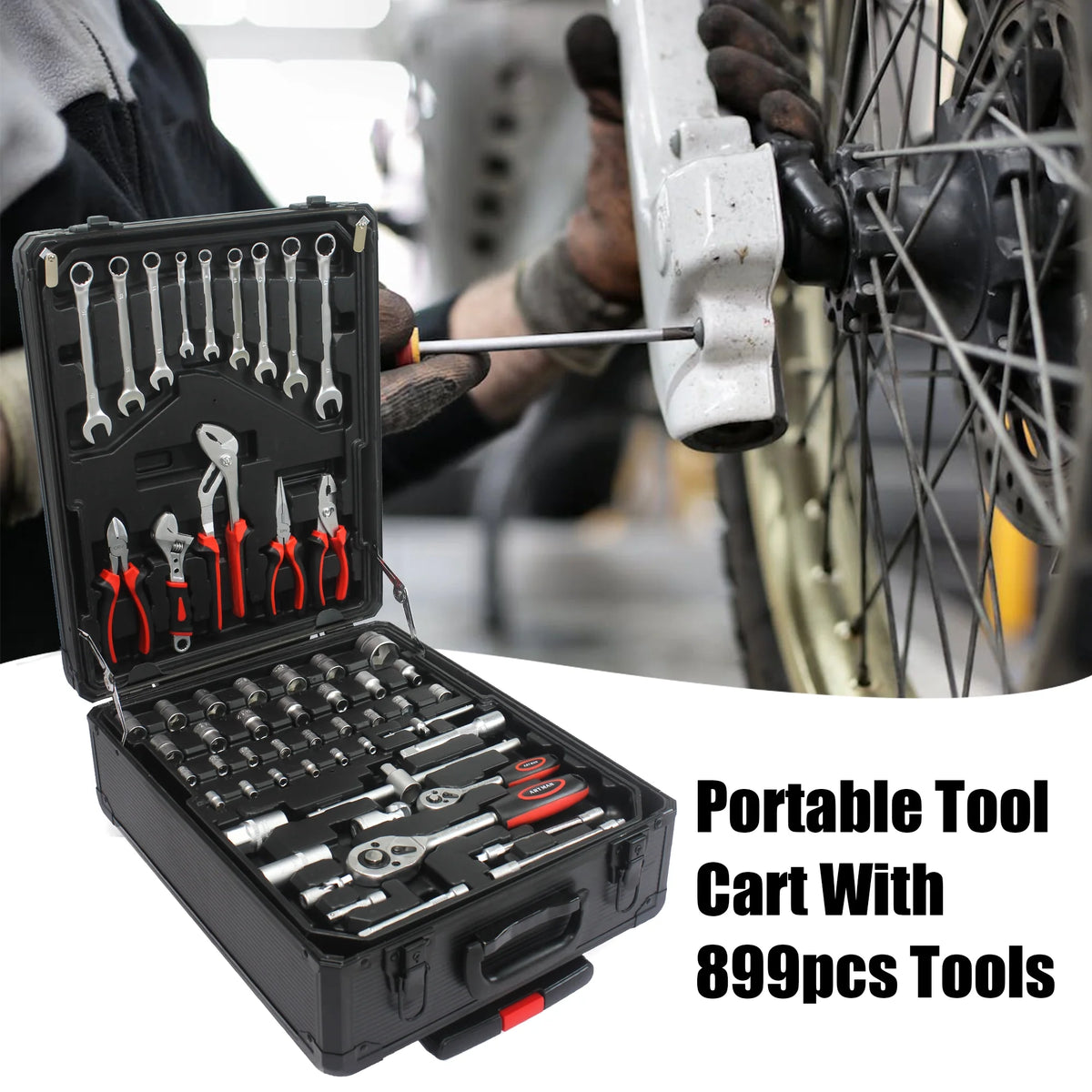 Tool Set - Seizeen 899 Pieces Professional Mechanics Hand Tool Set, Mobile Tool box on Wheels W/Ratchets&Socket, Screwdriver, Tongs, Black 4-layer Tool Case & Tool Kit COMB for Man Repairer Artisan