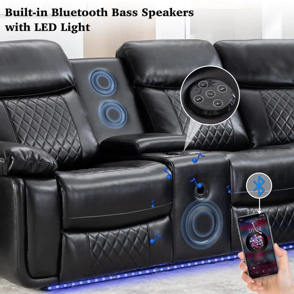 Othniel Power Reclining Sectional Couch with Bass Speaker Ambient Light USB Port,Cup Holder Black