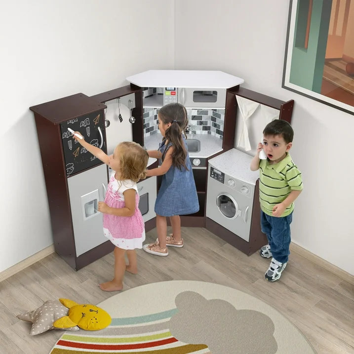 iYofe Corner Play Kitchen, Espresso Kids Kitchen Playset with Lights & Sounds, Play Phone and Curtains, Wooden Kitchen Toys for Ages 3-5 Boys Girls